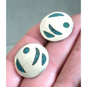 MODERNIST Crushed TURQUOISE Inlay STERLING Silver Disc EARRINGS Posts ABSTRACT